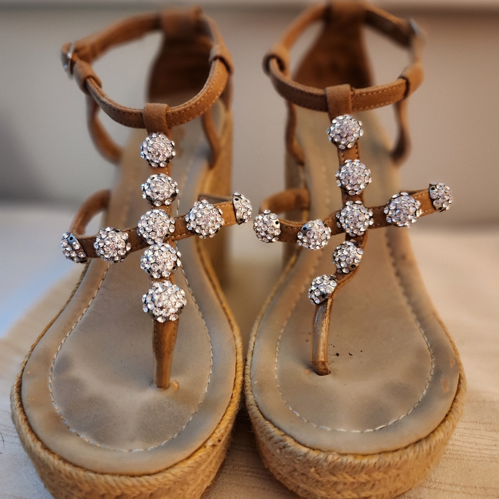 Okemos Women's Wedge Sandals with Rhinestones T-Strap